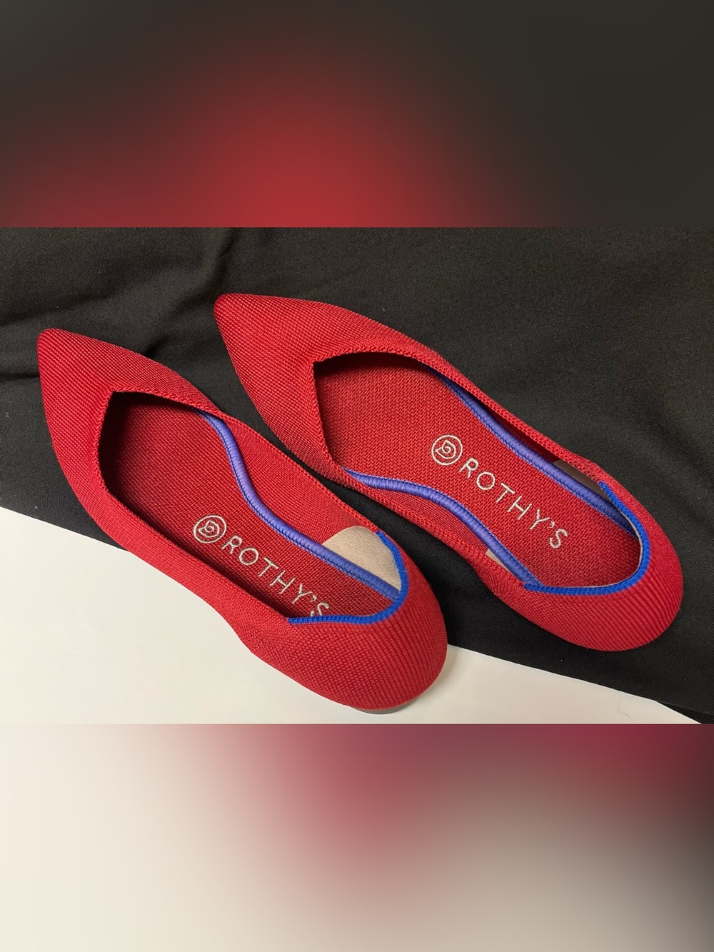 Rothy's The Point Pointed-Toe Knit Flats in Red with Blue Trim - Size 8